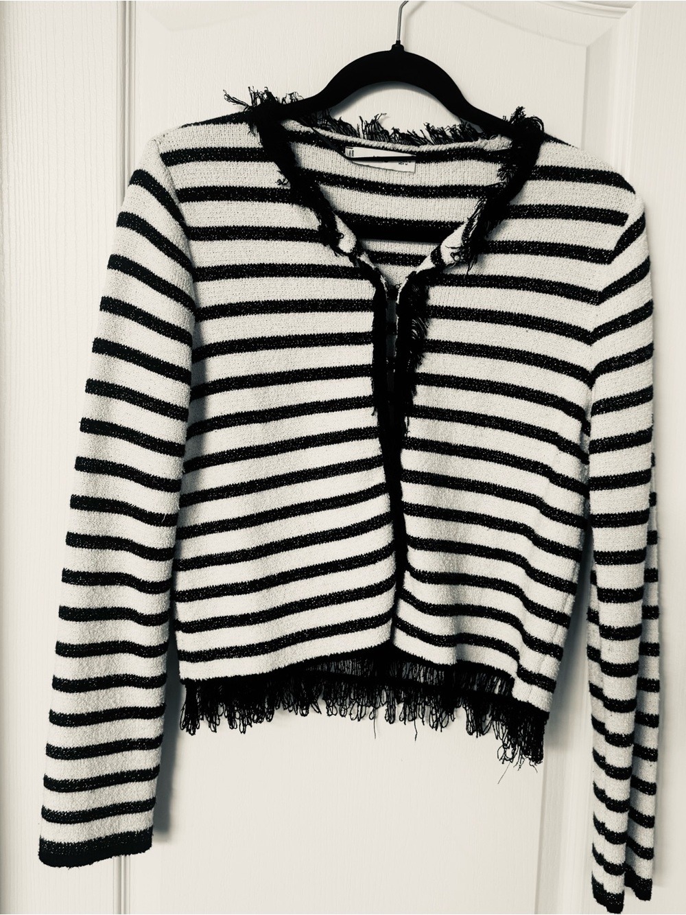 Mango textured knit Striped Black and White Fringed Cardigan